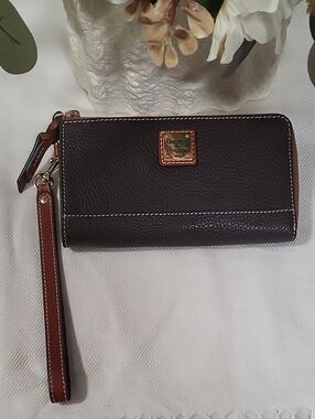 Dooney & Bourke Dark Brown Pebbled Leather Wristlet with Tan Trim